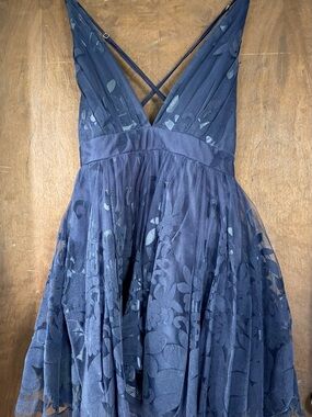 Backless Navy Floral Lace Evening Dress with Crisscross Straps